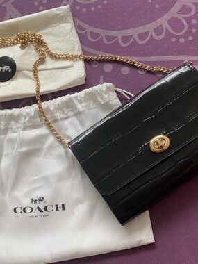 COACH Black Croc-Embossed Leather Crossbody with Gold Chain